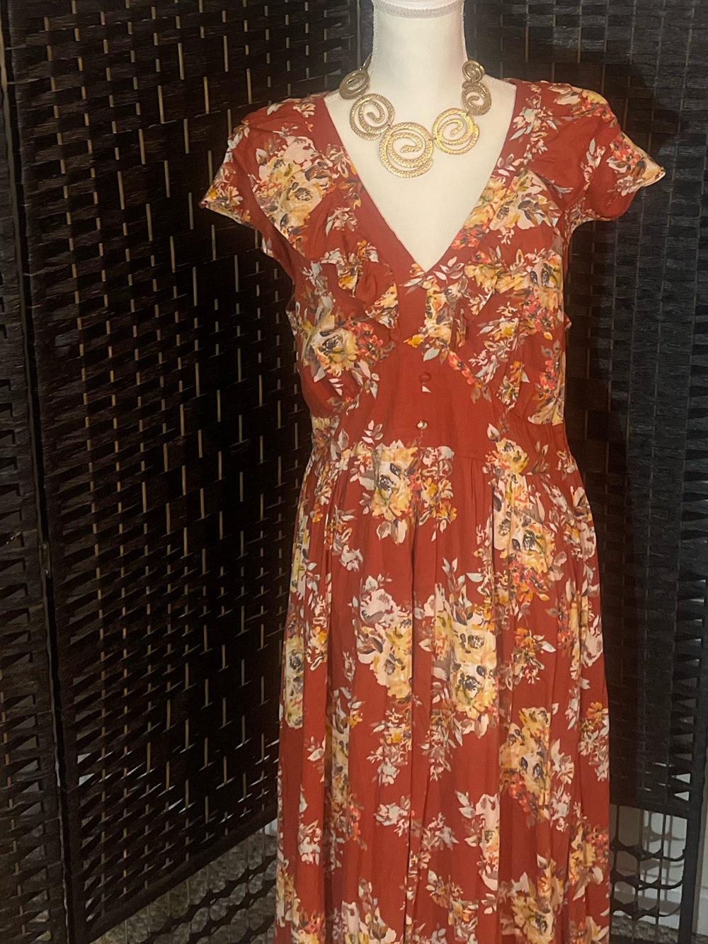 LC Lauren Conrad Rust Floral Maxi Dress with V-Neck